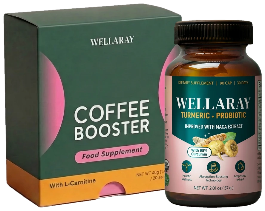 A box of Coffee Booster (20 sachets) beside a bottle of Turmeric + Probiotic Blend (90 capsules)