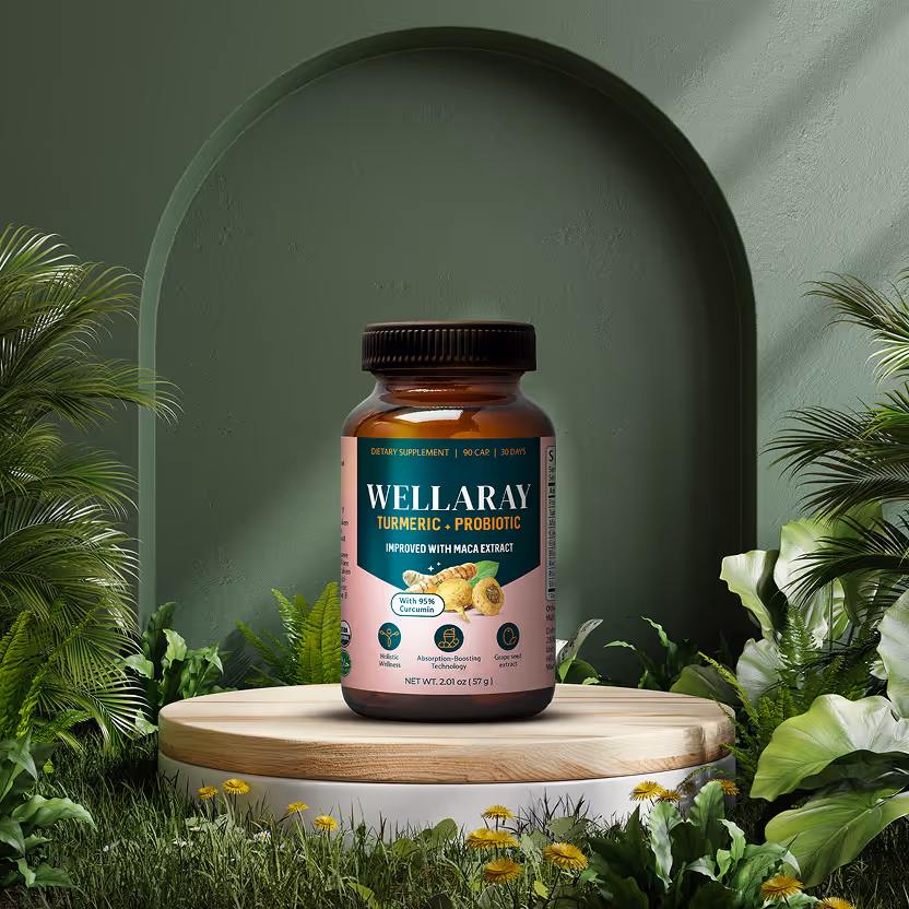 A bottle of Wellaray Turmeric + Probiotic Blend