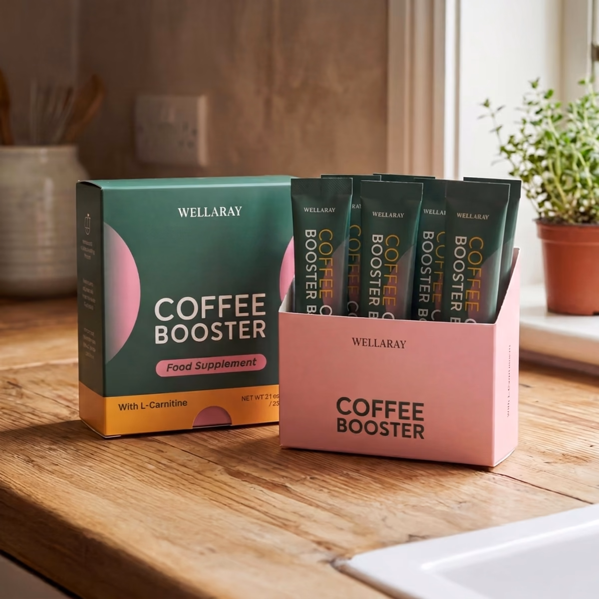 A Wellaray Coffee Booster box opened, with the sachets spread out