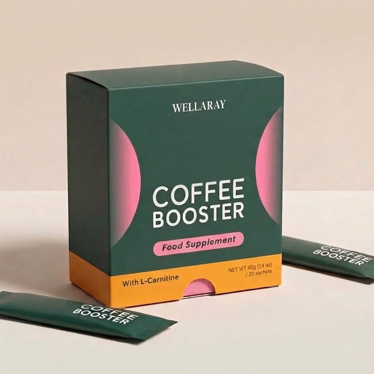 A Wellaray Coffee Booster box with one sachet propped in front